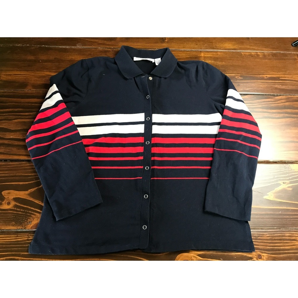 Josephine Chaus Sweater, Women's Size Medium, Navy Blue White Red, Cardigan